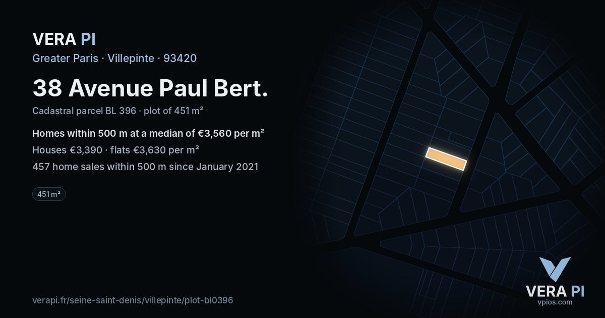 38 Avenue Paul Bert, Villepinte at night – the plot lit, the parcels around coloured by the prices near them