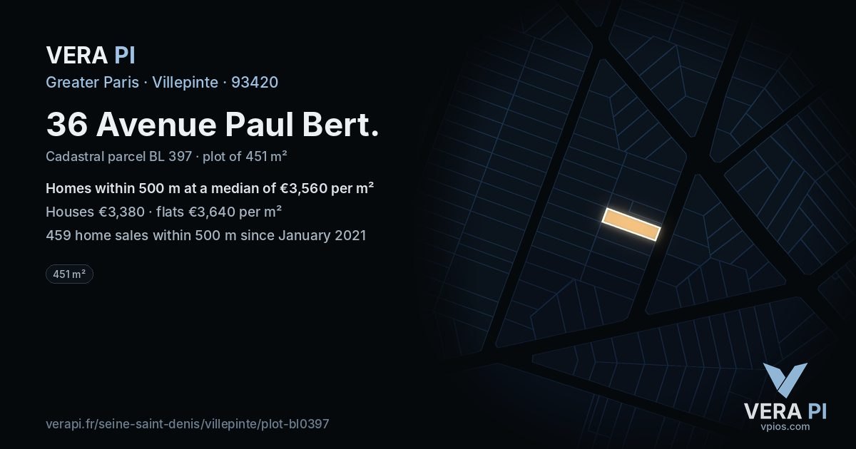 36 Avenue Paul Bert, Villepinte at night – the plot lit, the parcels around coloured by the prices near them