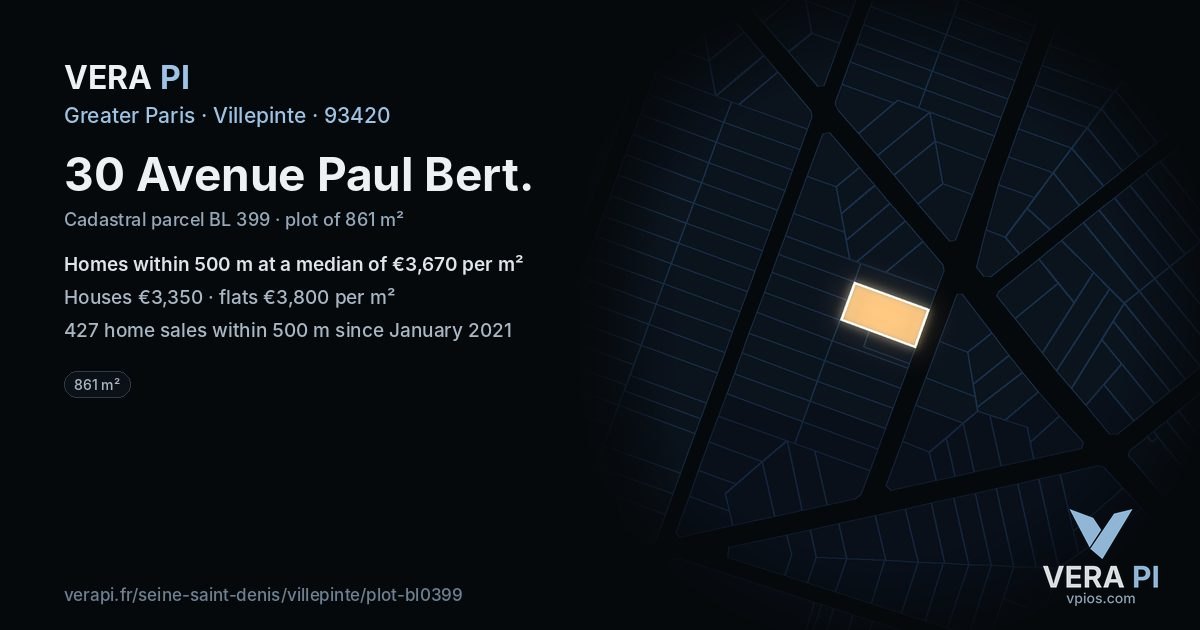 30 Avenue Paul Bert, Villepinte at night – the plot lit, the parcels around coloured by the prices near them