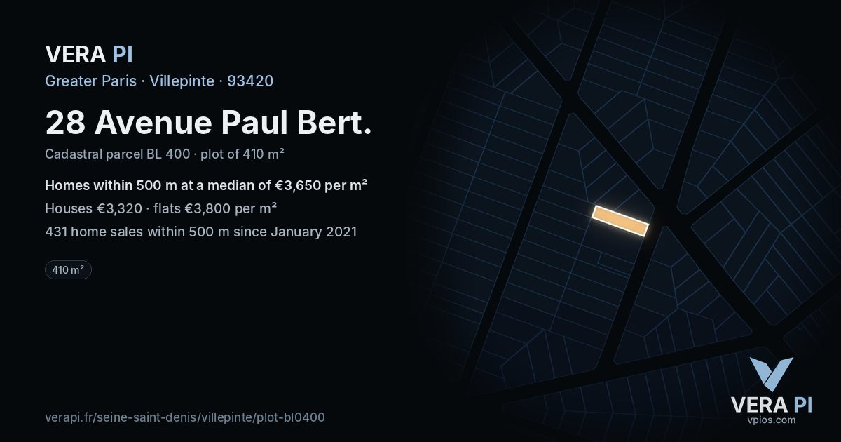 28 Avenue Paul Bert, Villepinte at night – the plot lit, the parcels around coloured by the prices near them