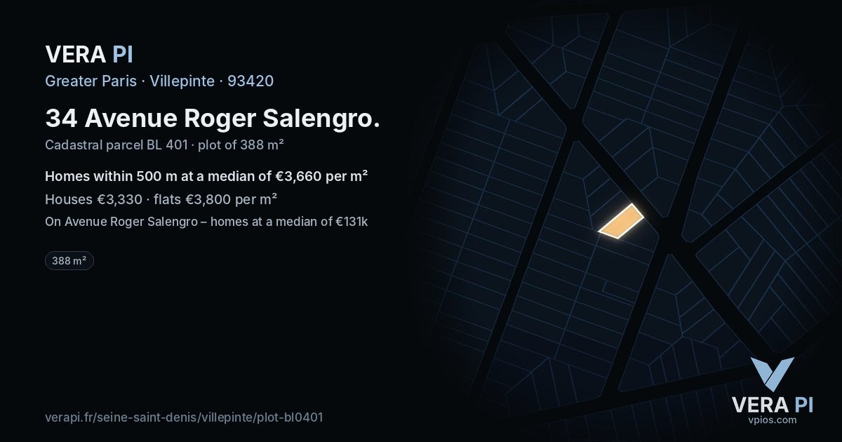 34 Avenue Roger Salengro, Villepinte at night – the plot lit, the parcels around coloured by the prices near them