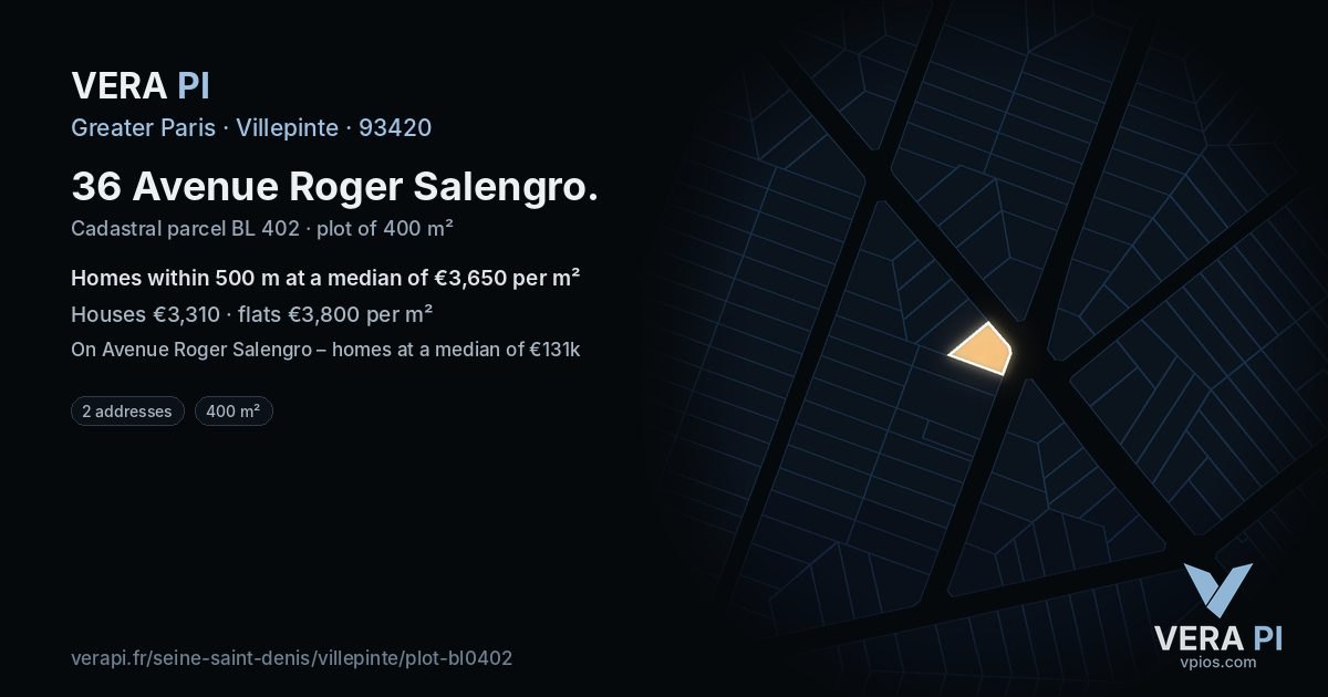 36 Avenue Roger Salengro, Villepinte at night – the plot lit, the parcels around coloured by the prices near them