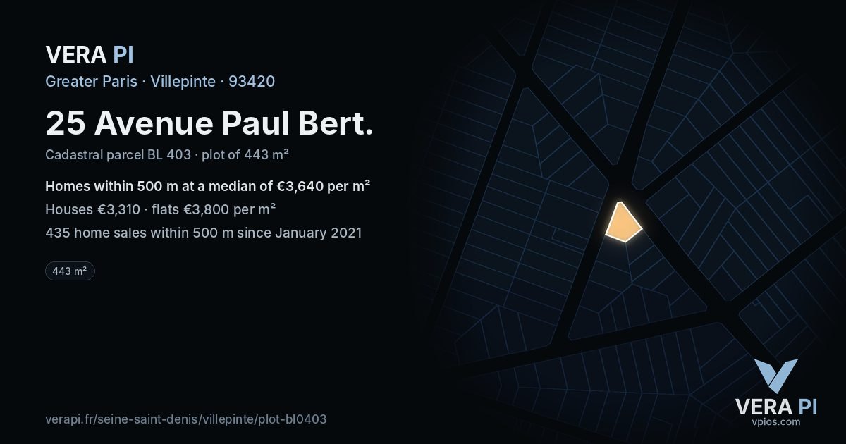 25 Avenue Paul Bert, Villepinte at night – the plot lit, the parcels around coloured by the prices near them