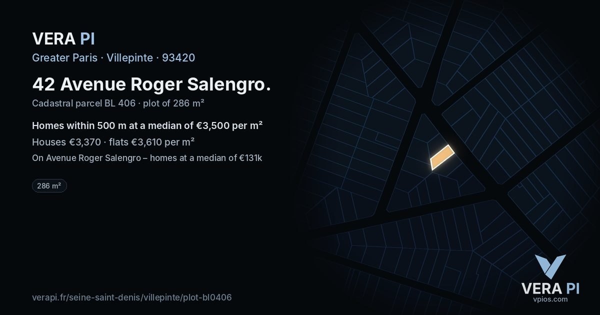 42 Avenue Roger Salengro, Villepinte at night – the plot lit, the parcels around coloured by the prices near them