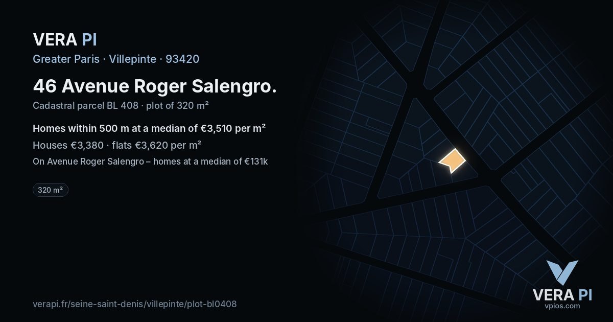46 Avenue Roger Salengro, Villepinte at night – the plot lit, the parcels around coloured by the prices near them