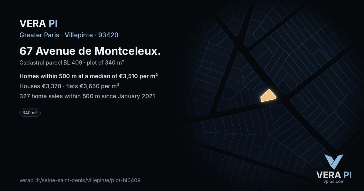 67 Avenue de Montceleux, Villepinte at night – the plot lit, the parcels around coloured by the prices near them
