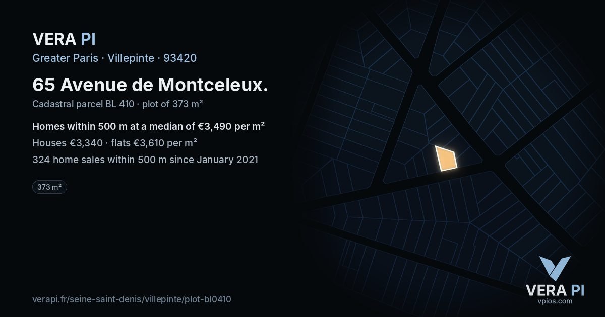 65 Avenue de Montceleux, Villepinte at night – the plot lit, the parcels around coloured by the prices near them