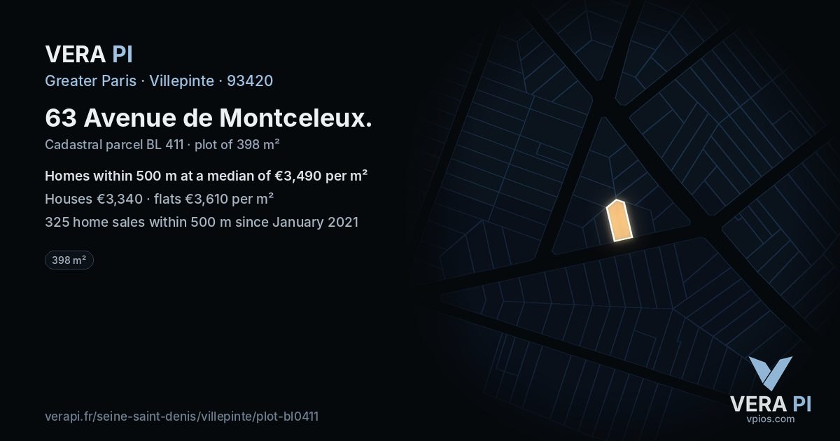 63 Avenue de Montceleux, Villepinte at night – the plot lit, the parcels around coloured by the prices near them