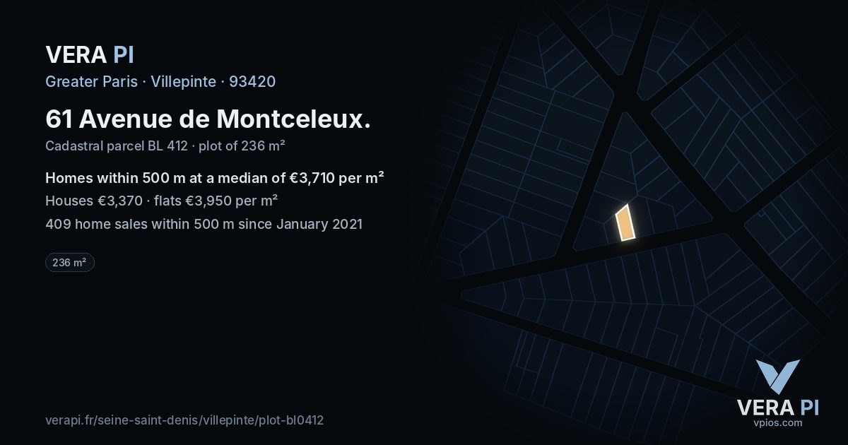 61 Avenue de Montceleux, Villepinte at night – the plot lit, the parcels around coloured by the prices near them