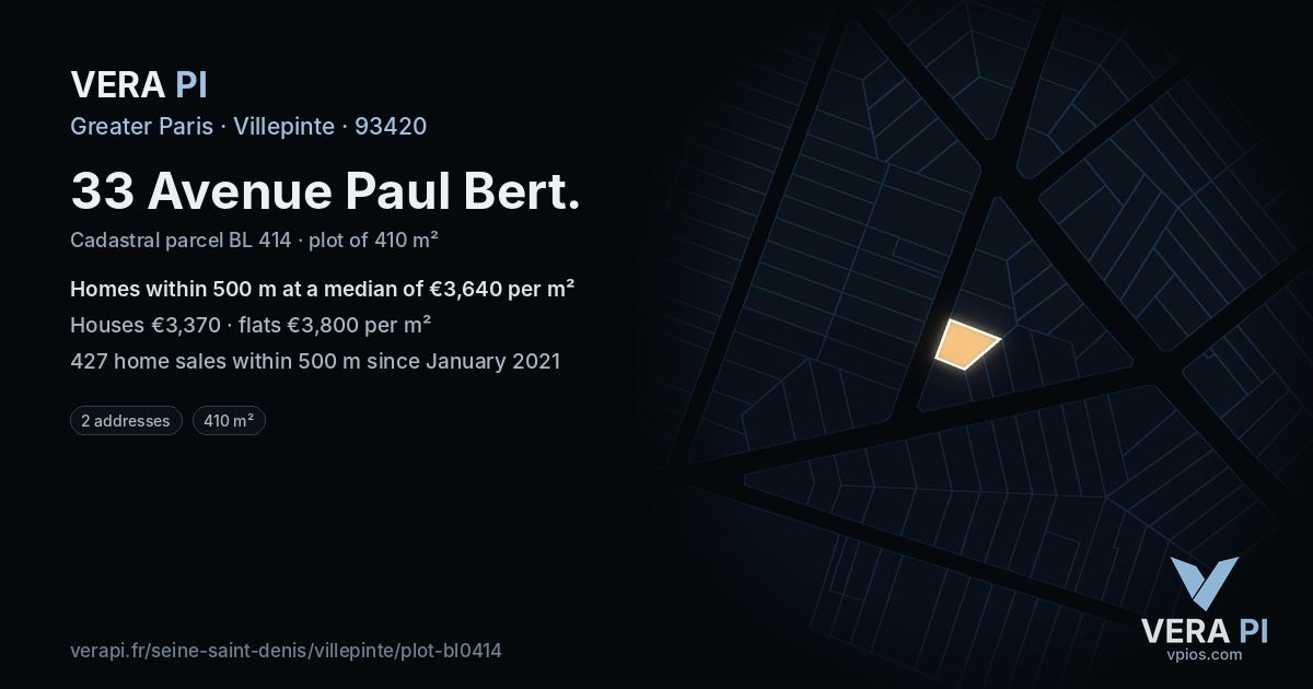 33 Avenue Paul Bert, Villepinte at night – the plot lit, the parcels around coloured by the prices near them