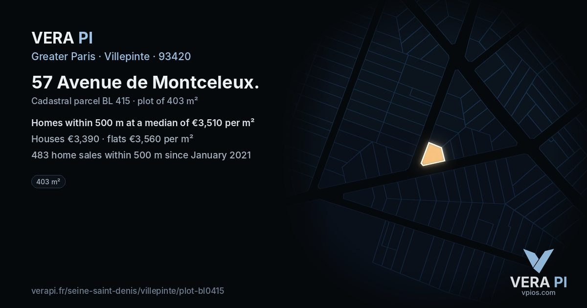 57 Avenue de Montceleux, Villepinte at night – the plot lit, the parcels around coloured by the prices near them