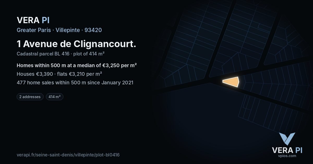 1 Avenue de Clignancourt, Villepinte at night – the plot lit, the parcels around coloured by the prices near them