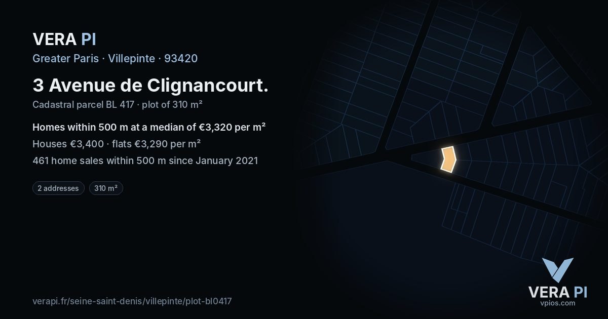 3 Avenue de Clignancourt, Villepinte at night – the plot lit, the parcels around coloured by the prices near them
