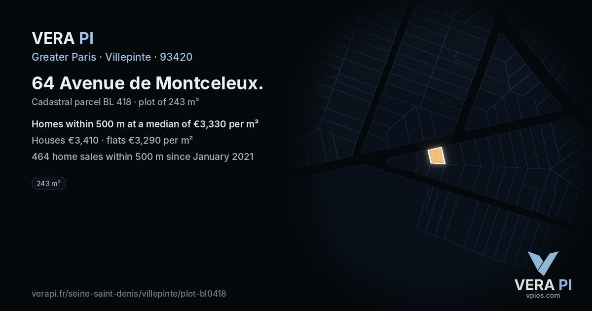 64 Avenue de Montceleux, Villepinte at night – the plot lit, the parcels around coloured by the prices near them
