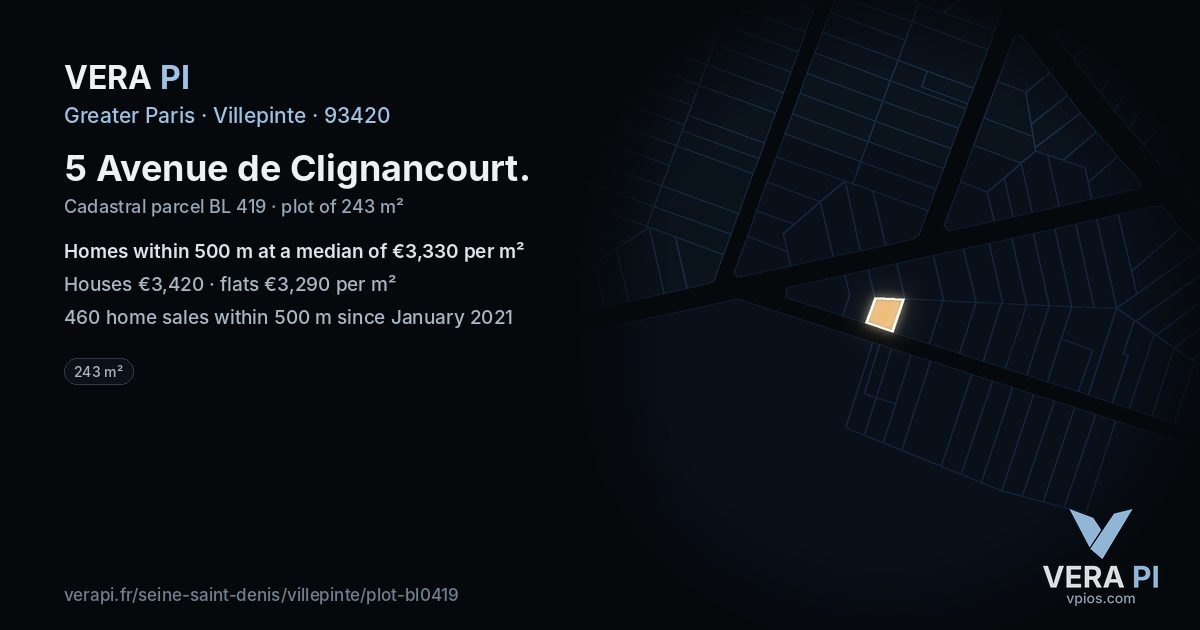 5 Avenue de Clignancourt, Villepinte at night – the plot lit, the parcels around coloured by the prices near them