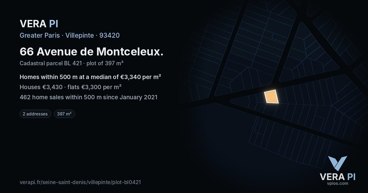 66 Avenue de Montceleux, Villepinte at night – the plot lit, the parcels around coloured by the prices near them