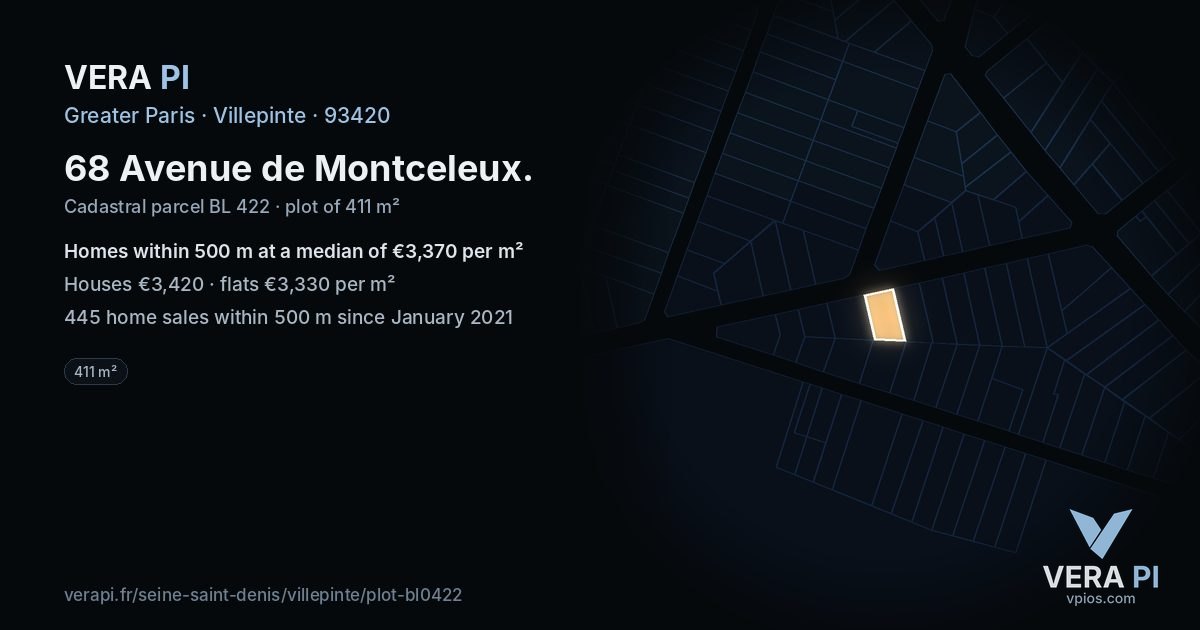 68 Avenue de Montceleux, Villepinte at night – the plot lit, the parcels around coloured by the prices near them