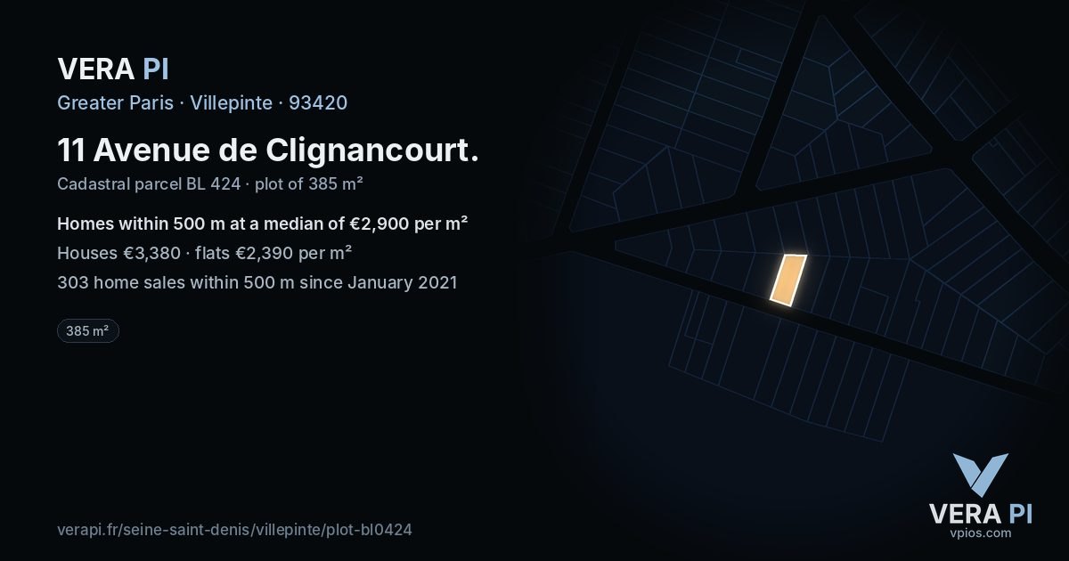 11 Avenue de Clignancourt, Villepinte at night – the plot lit, the parcels around coloured by the prices near them