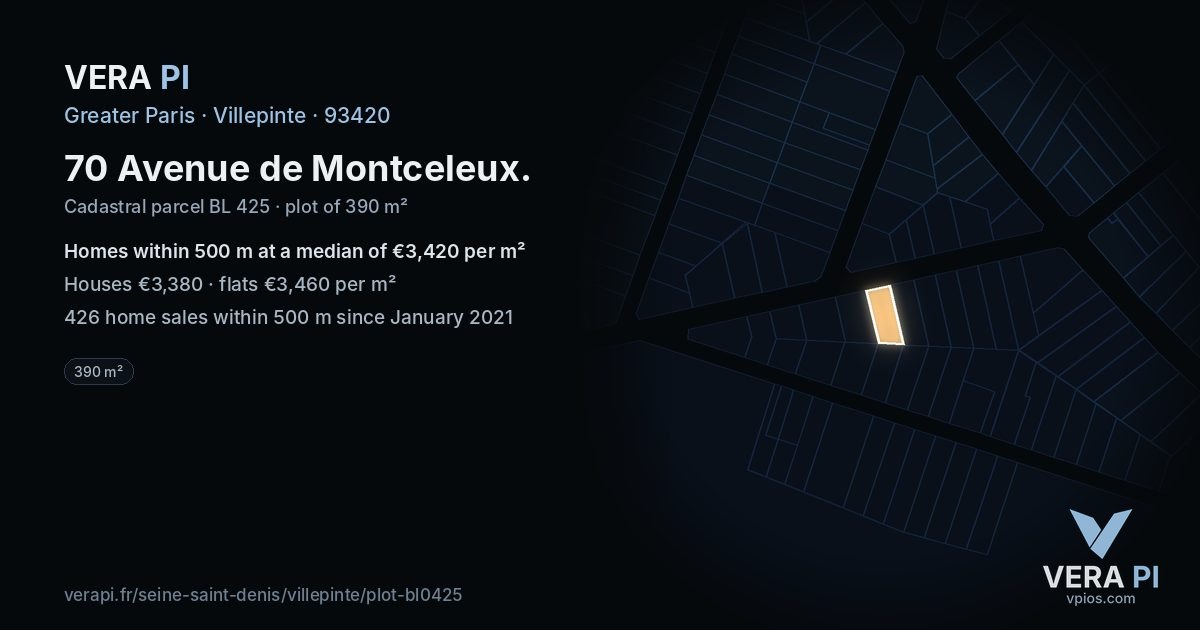 70 Avenue de Montceleux, Villepinte at night – the plot lit, the parcels around coloured by the prices near them