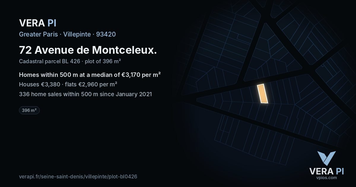 72 Avenue de Montceleux, Villepinte at night – the plot lit, the parcels around coloured by the prices near them