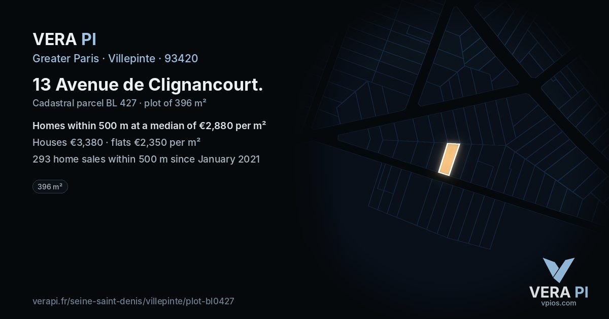 13 Avenue de Clignancourt, Villepinte at night – the plot lit, the parcels around coloured by the prices near them