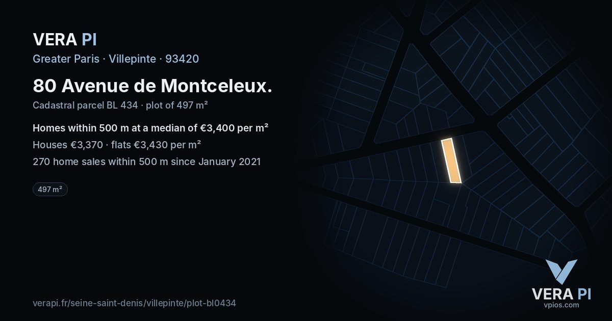 80 Avenue de Montceleux, Villepinte at night – the plot lit, the parcels around coloured by the prices near them