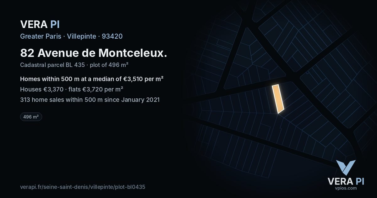 82 Avenue de Montceleux, Villepinte at night – the plot lit, the parcels around coloured by the prices near them