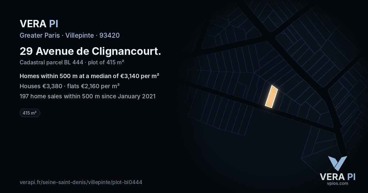 29 Avenue de Clignancourt, Villepinte at night – the plot lit, the parcels around coloured by the prices near them