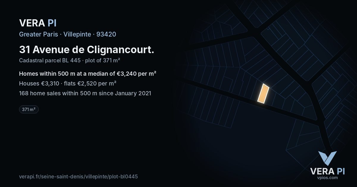 31 Avenue de Clignancourt, Villepinte at night – the plot lit, the parcels around coloured by the prices near them