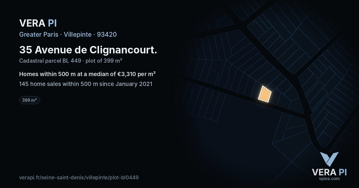 35 Avenue de Clignancourt, Villepinte at night – the plot lit, the parcels around coloured by the prices near them