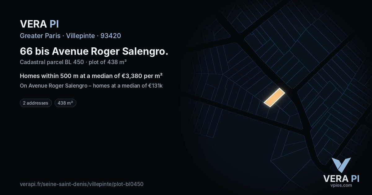 66 bis Avenue Roger Salengro, Villepinte at night – the plot lit, the parcels around coloured by the prices near them