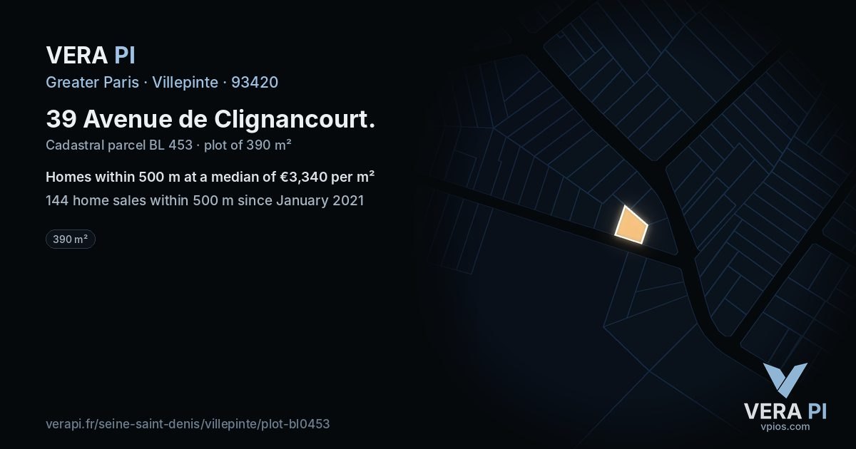 39 Avenue de Clignancourt, Villepinte at night – the plot lit, the parcels around coloured by the prices near them