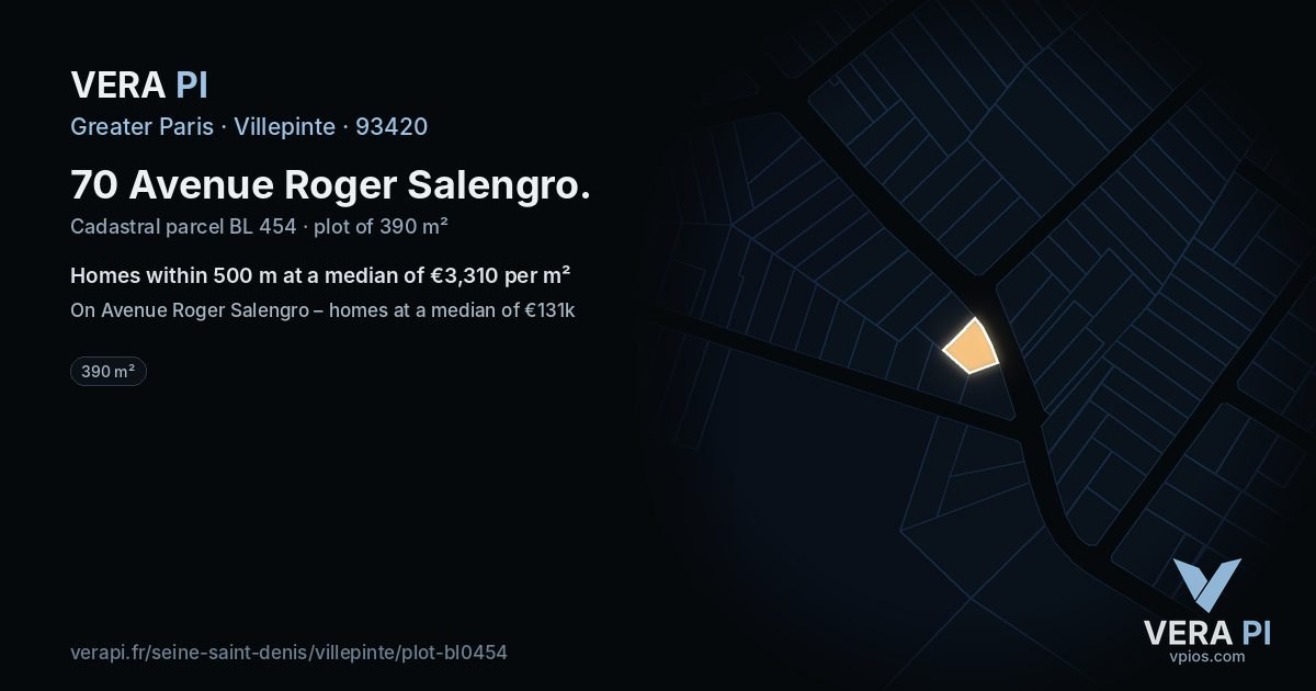 70 Avenue Roger Salengro, Villepinte at night – the plot lit, the parcels around coloured by the prices near them