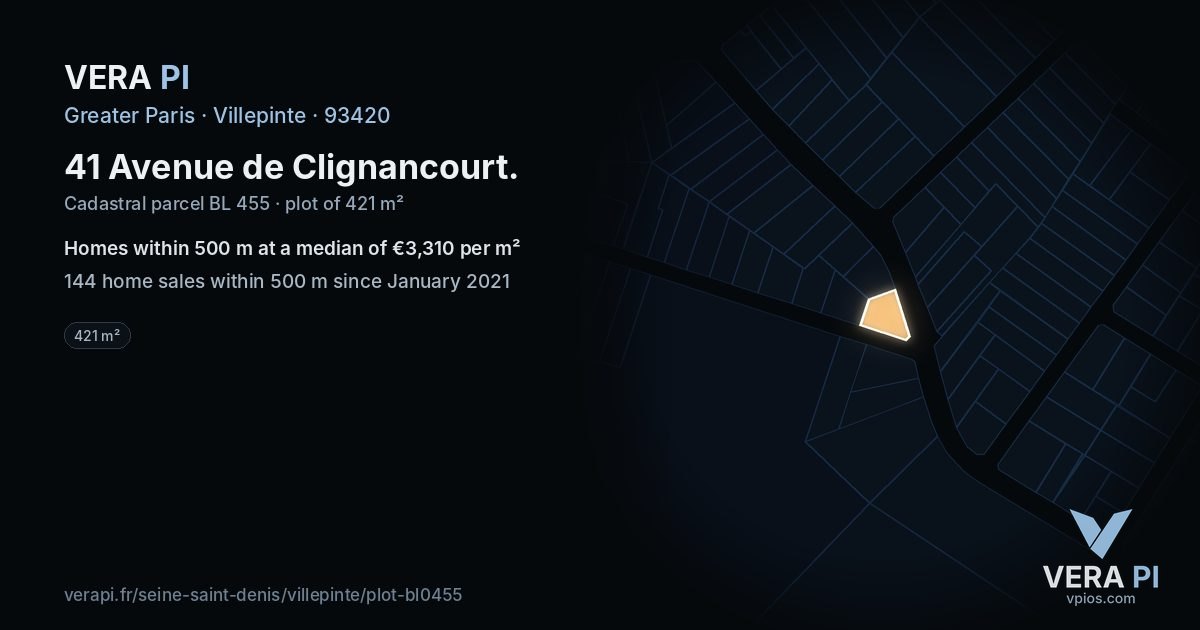 41 Avenue de Clignancourt, Villepinte at night – the plot lit, the parcels around coloured by the prices near them