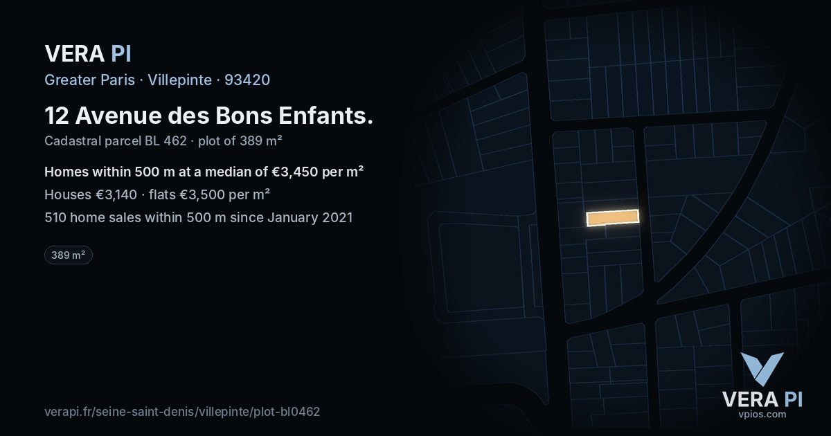 12 Avenue des Bons Enfants, Villepinte at night – the plot lit, the parcels around coloured by the prices near them