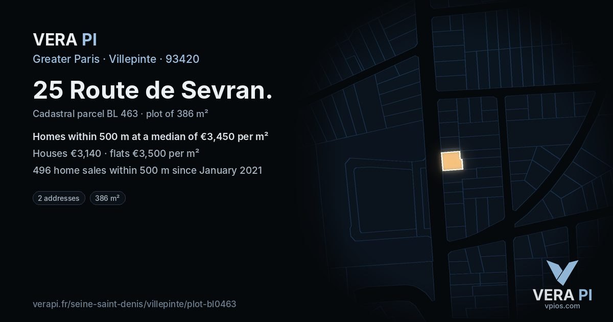 25 Route de Sevran, Villepinte at night – the plot lit, the parcels around coloured by the prices near them