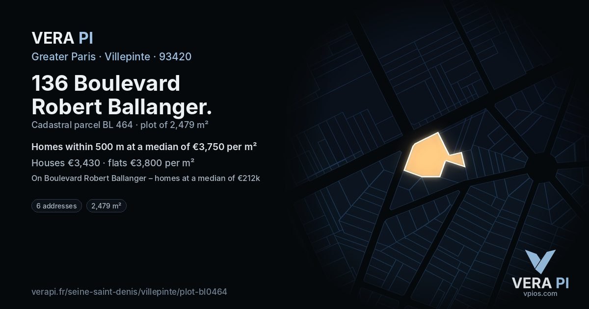 136 Boulevard Robert Ballanger, Villepinte at night – the plot lit, the parcels around coloured by the prices near them