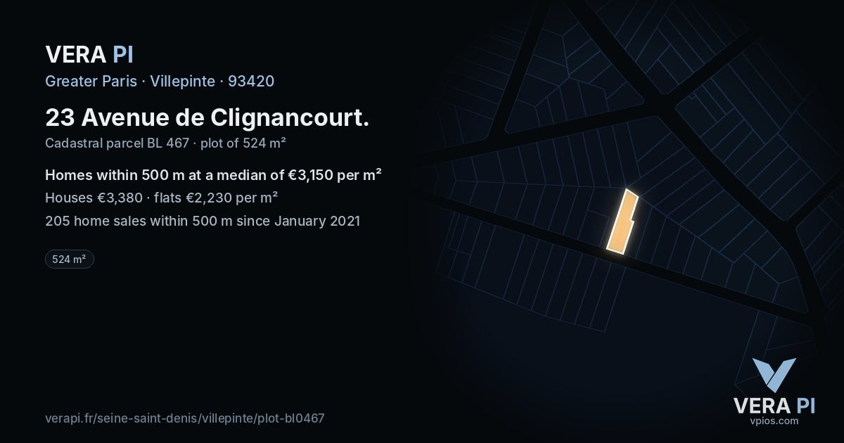 23 Avenue de Clignancourt, Villepinte at night – the plot lit, the parcels around coloured by the prices near them