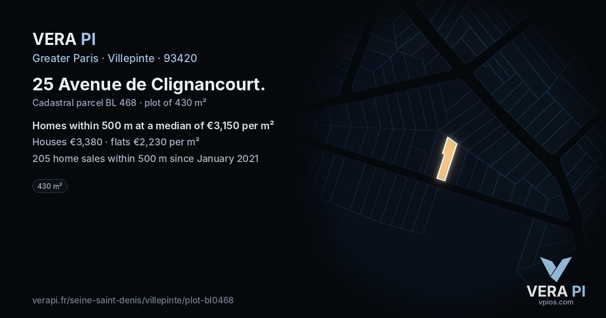 25 Avenue de Clignancourt, Villepinte at night – the plot lit, the parcels around coloured by the prices near them
