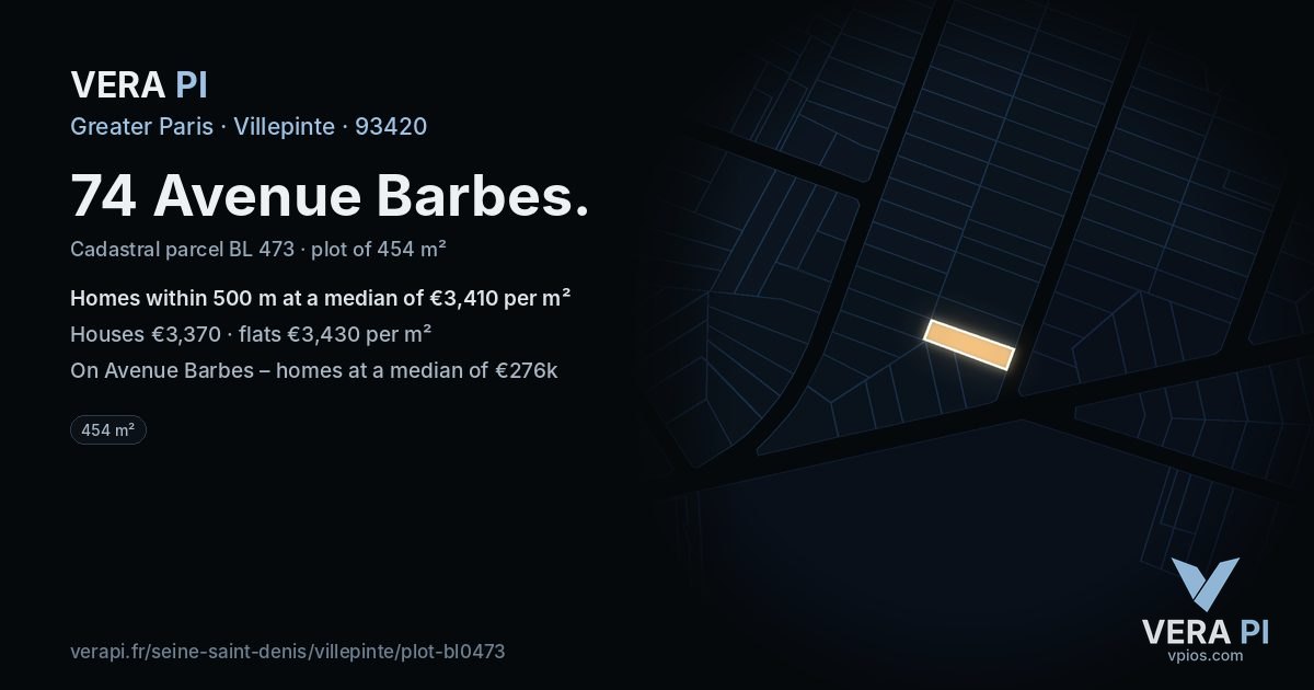 74 Avenue Barbes, Villepinte at night – the plot lit, the parcels around coloured by the prices near them