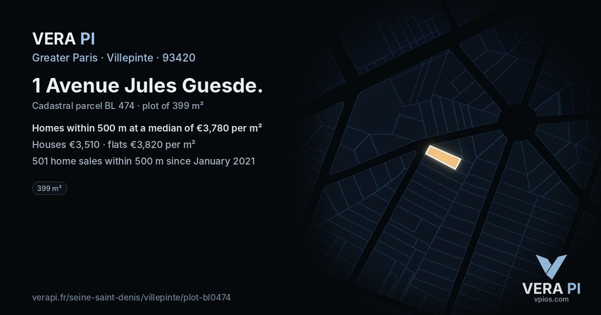 1 Avenue Jules Guesde, Villepinte at night – the plot lit, the parcels around coloured by the prices near them