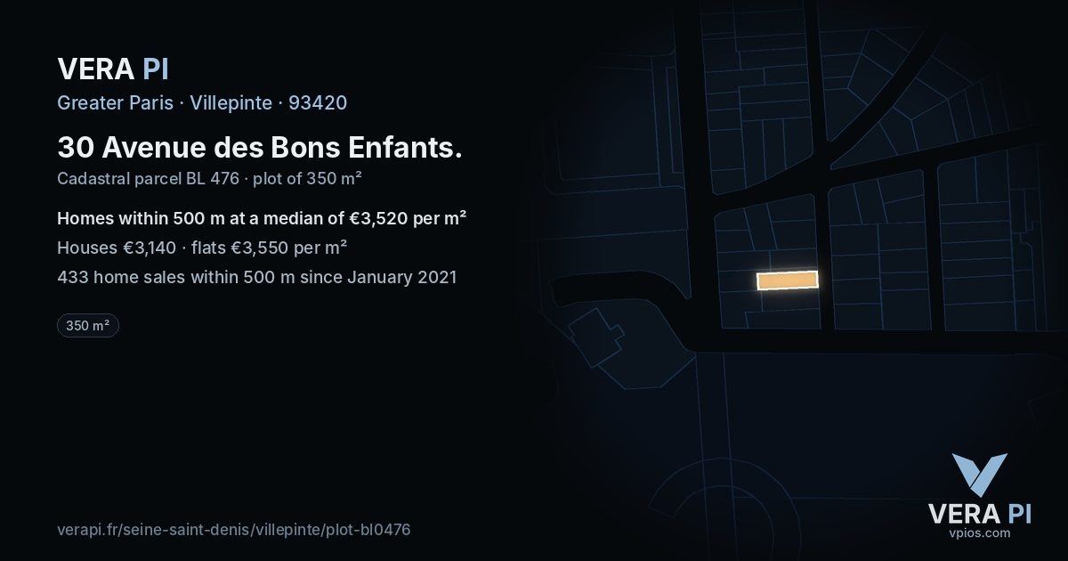 30 Avenue des Bons Enfants, Villepinte at night – the plot lit, the parcels around coloured by the prices near them