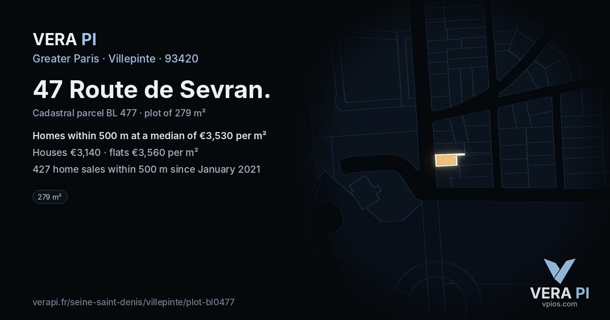 47 Route de Sevran, Villepinte at night – the plot lit, the parcels around coloured by the prices near them