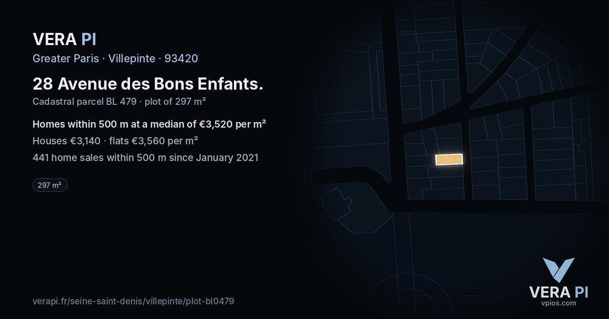 28 Avenue des Bons Enfants, Villepinte at night – the plot lit, the parcels around coloured by the prices near them