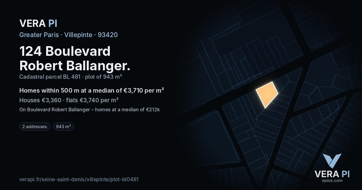 124 Boulevard Robert Ballanger, Villepinte at night – the plot lit, the parcels around coloured by the prices near them