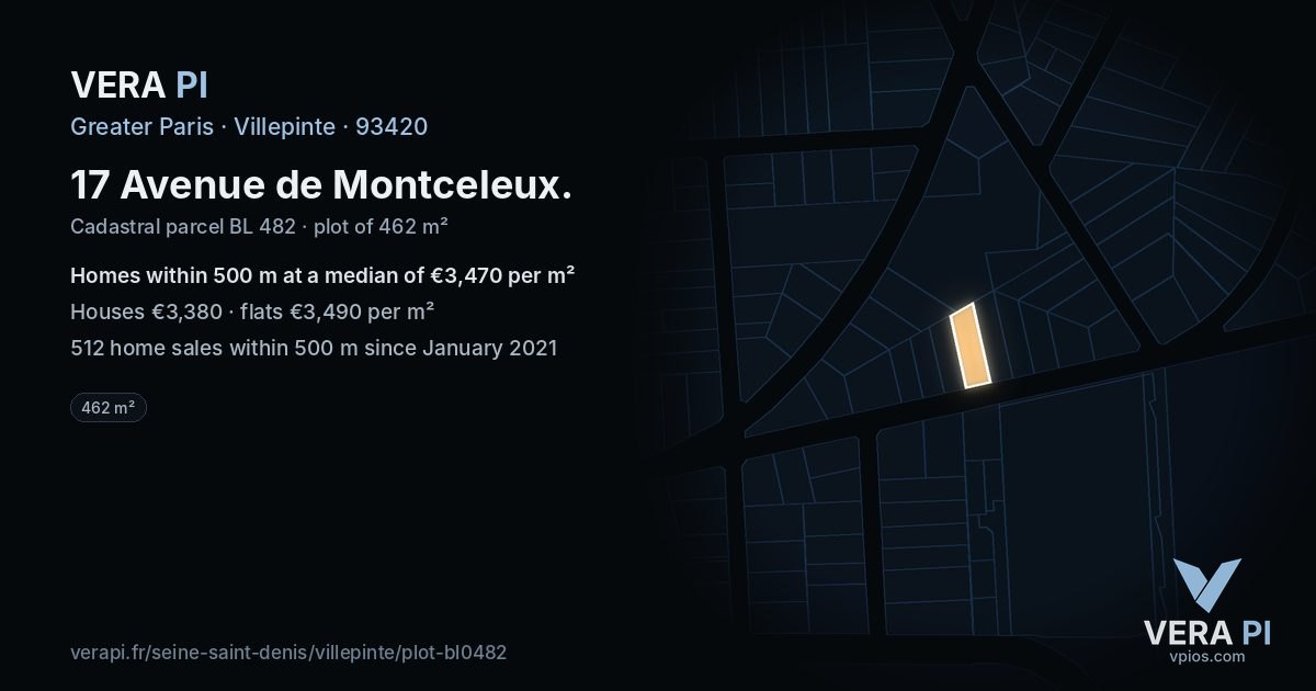 17 Avenue de Montceleux, Villepinte at night – the plot lit, the parcels around coloured by the prices near them