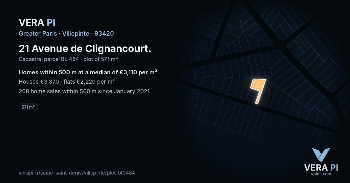21 Avenue de Clignancourt, Villepinte at night – the plot lit, the parcels around coloured by the prices near them