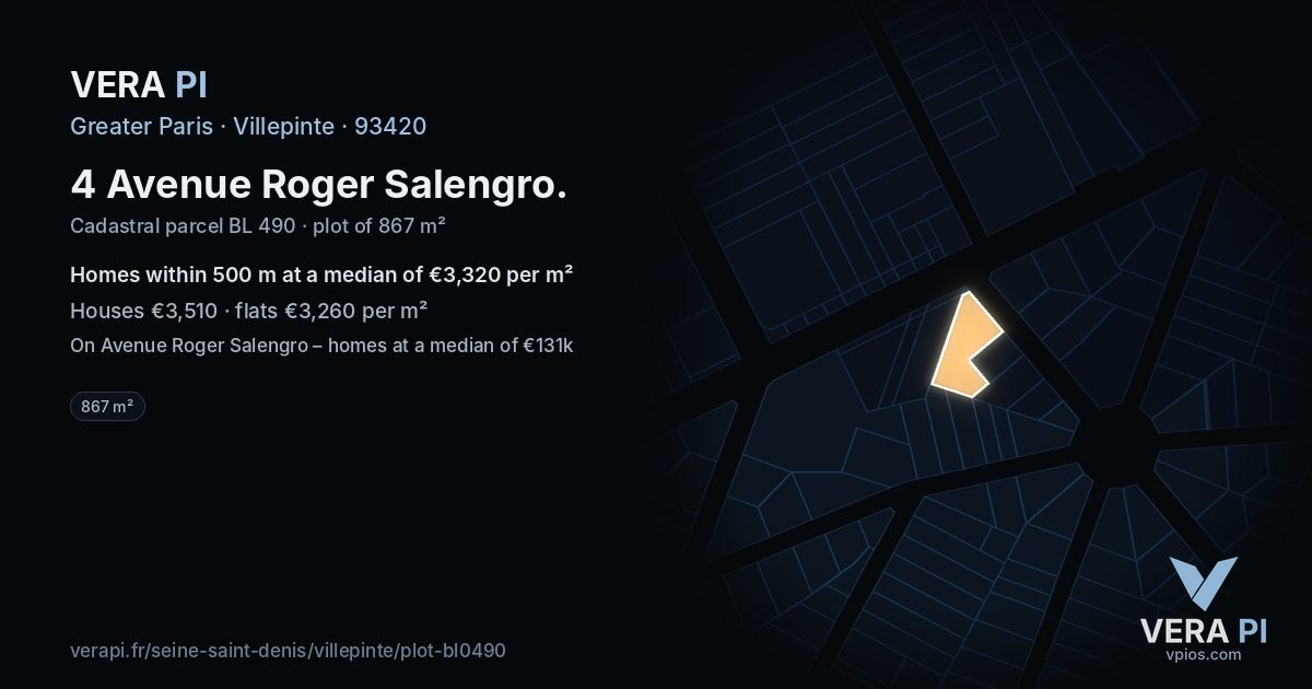 4 Avenue Roger Salengro, Villepinte at night – the plot lit, the parcels around coloured by the prices near them