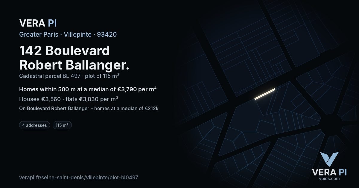 142 Boulevard Robert Ballanger, Villepinte at night – the plot lit, the parcels around coloured by the prices near them
