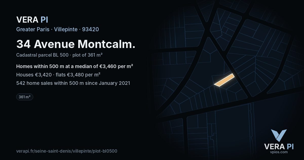 34 Avenue Montcalm, Villepinte at night – the plot lit, the parcels around coloured by the prices near them